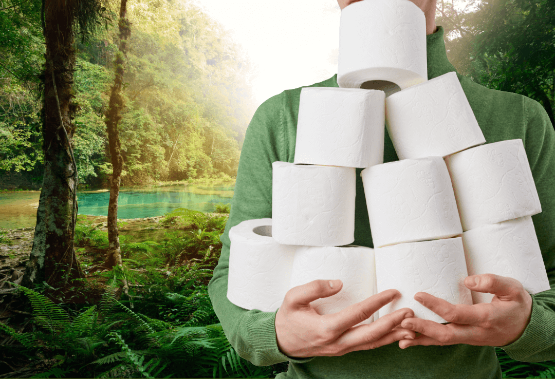 Toilet paper hoarder during pandemic panic buy in forest