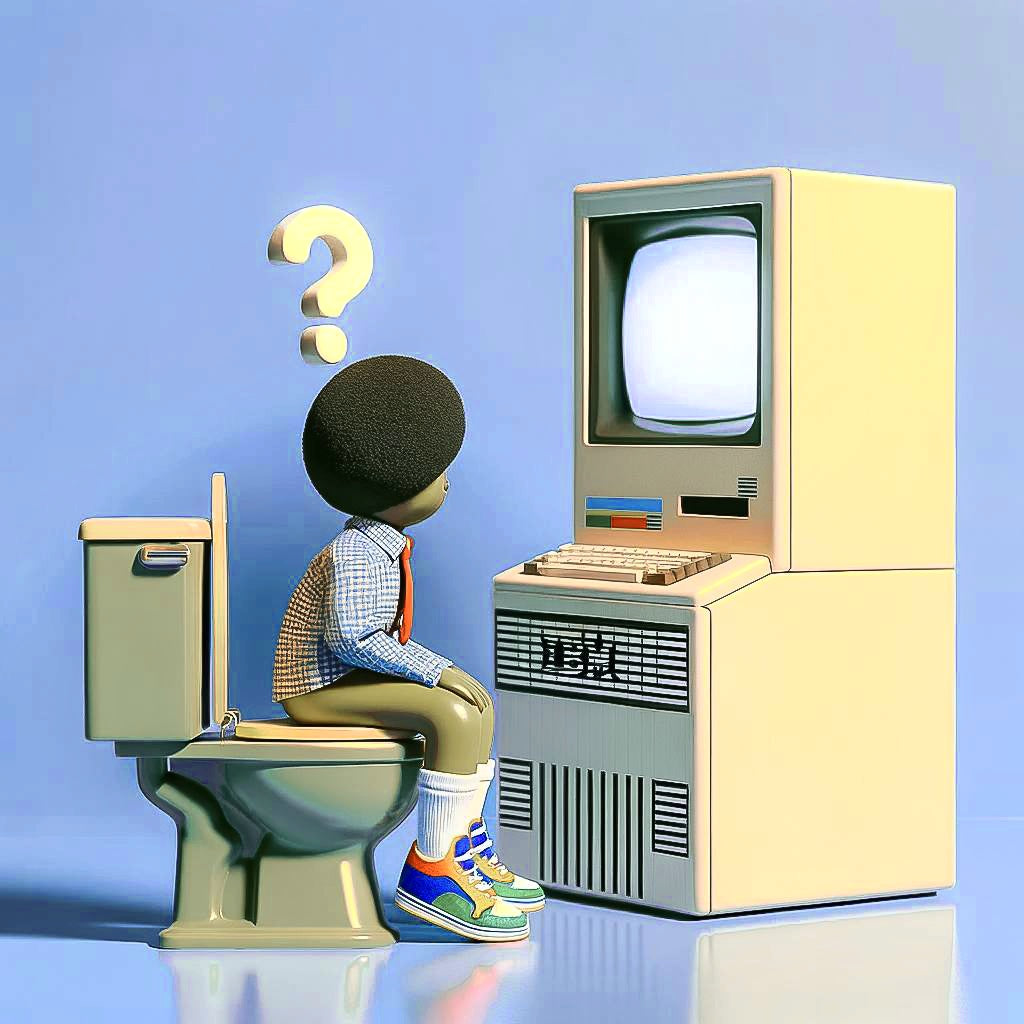 Miniature_figure_sitting_on_toilet_and_staring_at_a_large_retro_computer